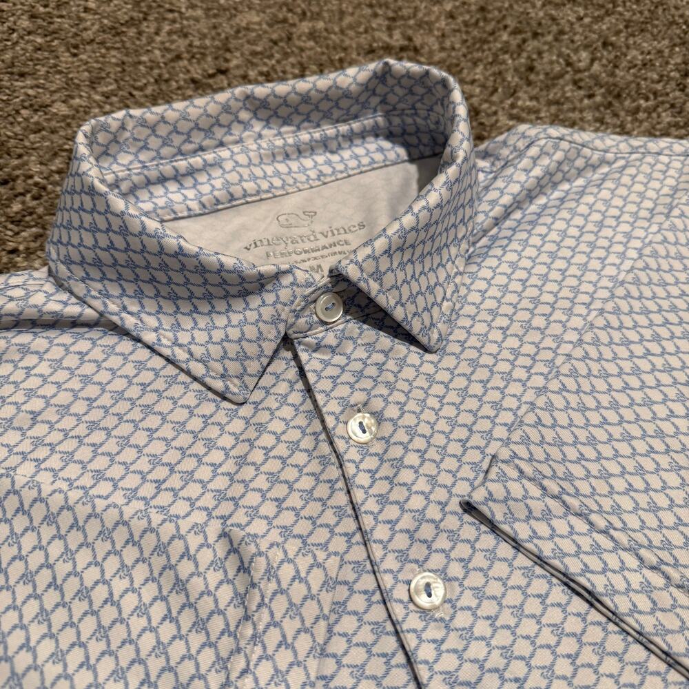 Vineyard Vines Performance Polo Mens M White Blue Print Whale Logo Golf